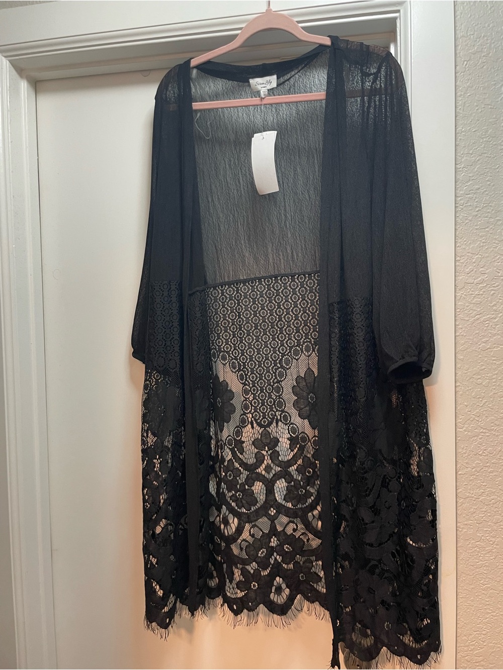 Siren Lily Black Sheer Lace-Trim Kimono Robe
